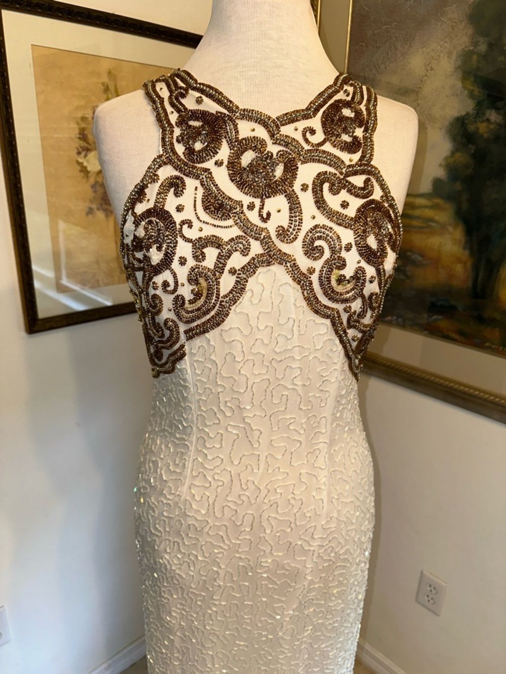 Laurence Kazar Embellished White Silk Evening Gown w/ Gold Beaded Bodice SZ LRG